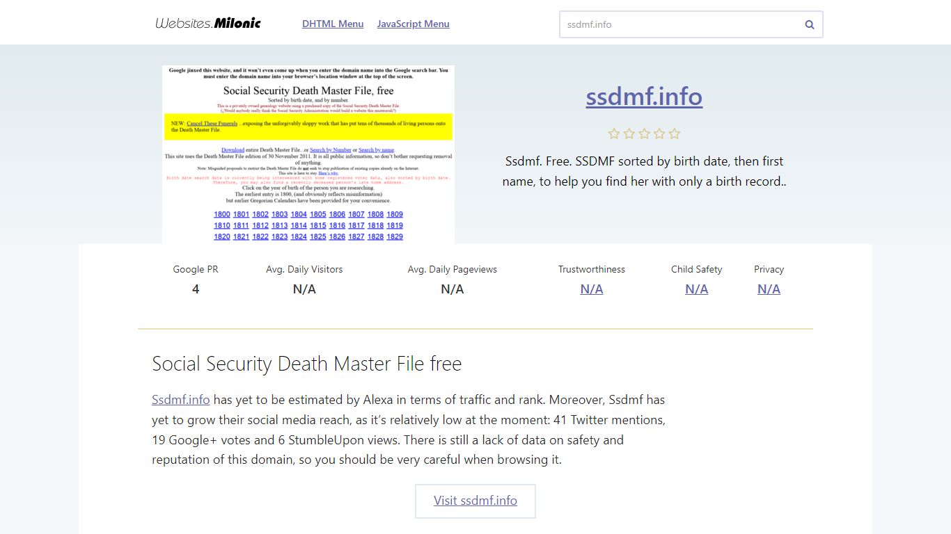 Ssdmf.info website. Social Security Death Master File free. - Milonic